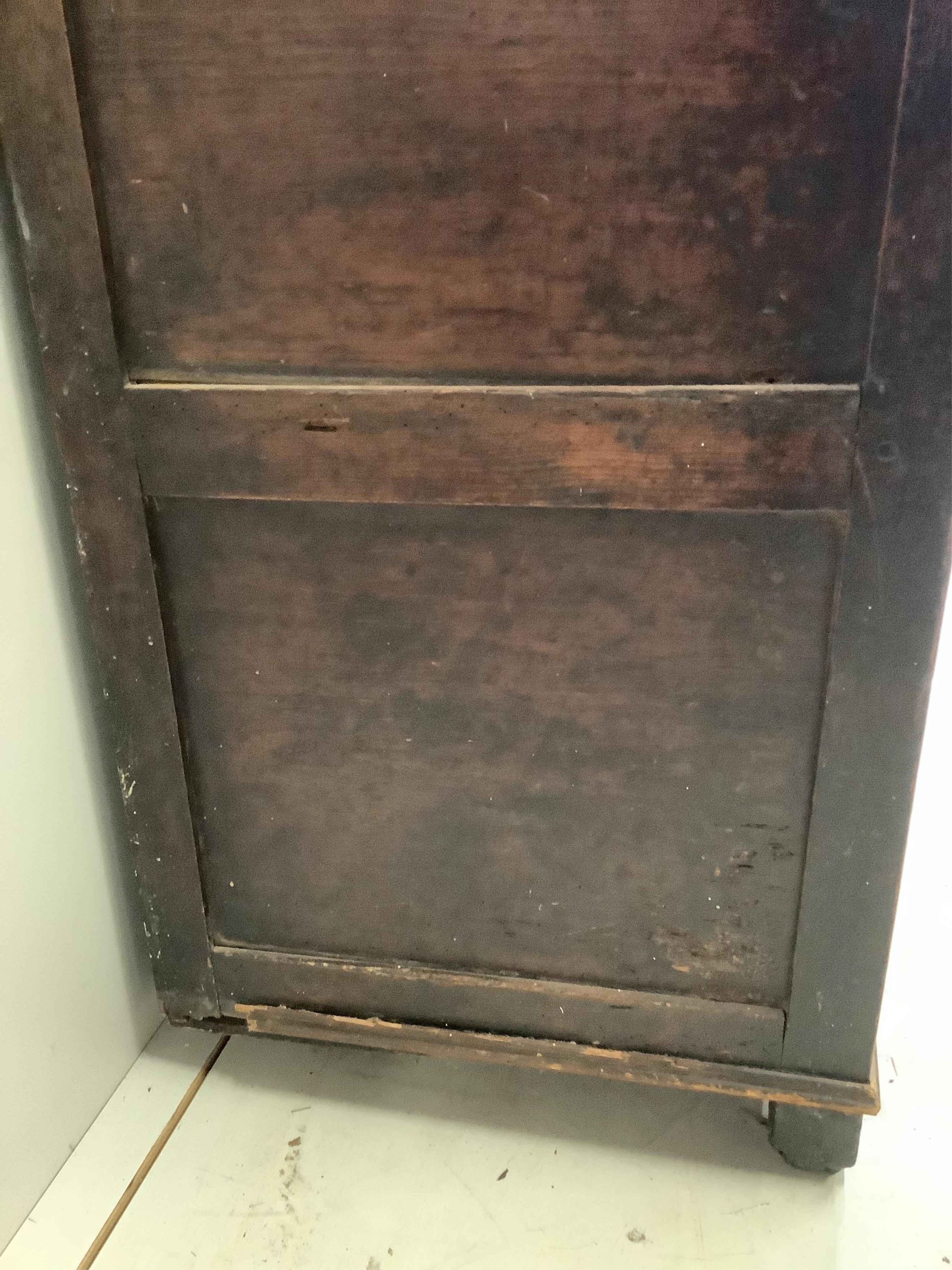 A George III oak dresser with boarded rack, width 168cm, depth 46cm, height 204cm. Condition - poor, lacks back legs